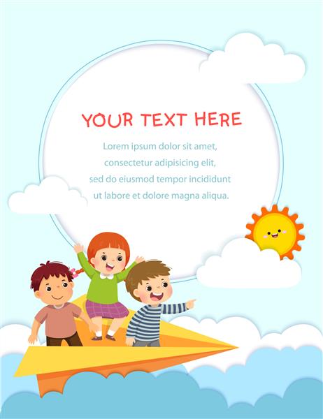 قالب بروشور تبلیغاتی با بچه های شاد که در هواپیمای کاغذی در آسمان پرواز می کنند