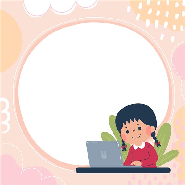 قالب بروشور تبلیغاتی با دختر بچه شاد که با لپ تاپش یاد می گیرد
