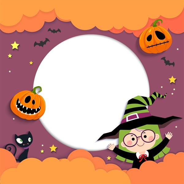الگوی بروشور تبلیغاتی با دختر جادوگر و کدو تنبل شاد در مفهوم هالووین