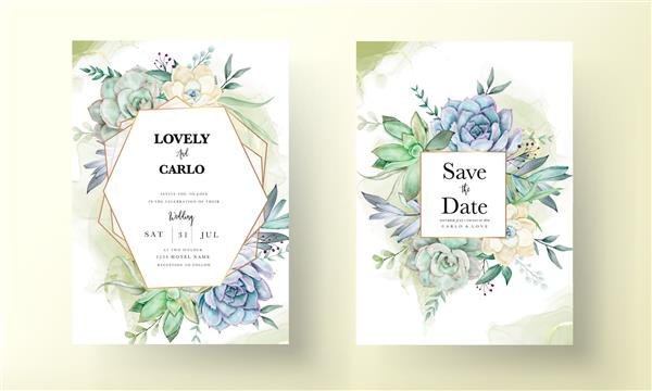 ست کارت دعوت عروسی آبرنگ گل ساکولنت زیبا
