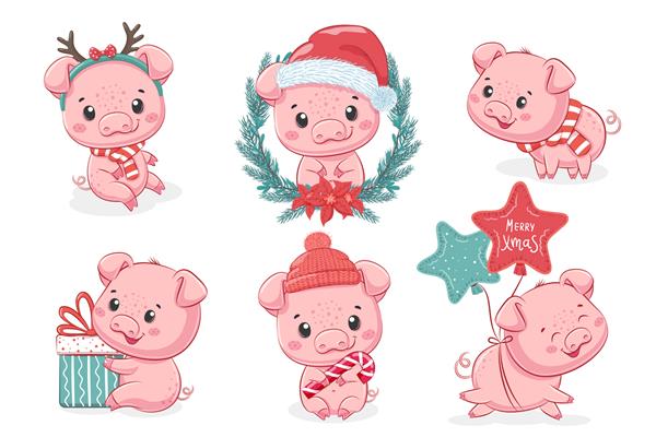 مجموعه ای از 6 خوکچه بامزه برای سال جدید و کریسمس وکتور تصویر کارتونی
