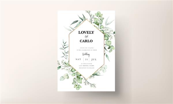 کارت دعوت عروسی با آبرنگ برگ های زیبای اکالیپتوس