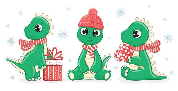 مجموعه ای از 3 دایناسور زیبا برای سال جدید وکتور تصویر کارتونی