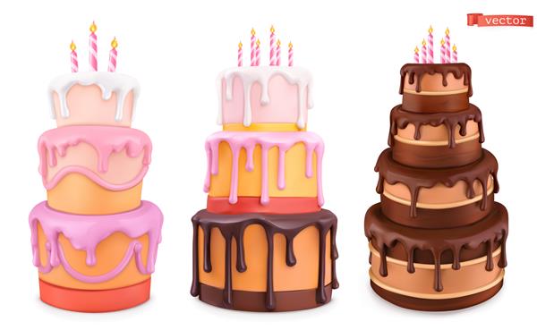 کیک تولد با شمع کارتون تولدت مبارک مجموعه بردار واقع گرایانه سه بعدی از اشیاء