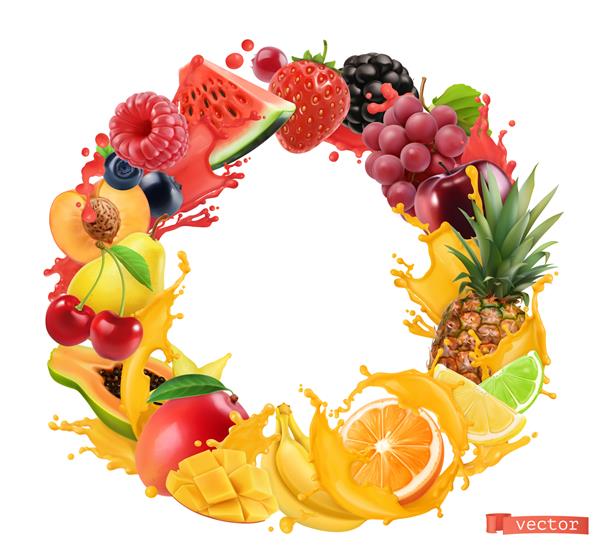 قاب دایره میوه و انواع توت ها پاشیدن آبمیوه اجسام واقع گرایانه وکتور سه بعدی هندوانه موز آناناس توت فرنگی پرتقال انبه انگور