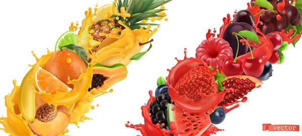 ترکیدن میوه پاشیدن آب میوه های شیرین گرمسیری و انواع توت های جنگلی وکتور سه بعدی واقع گرایانه