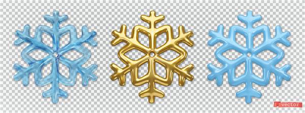 دانه های برف یخ و طلا مجموعه آیکون های واقع گرایانه وکتور سه بعدی تزیینات کریسمس