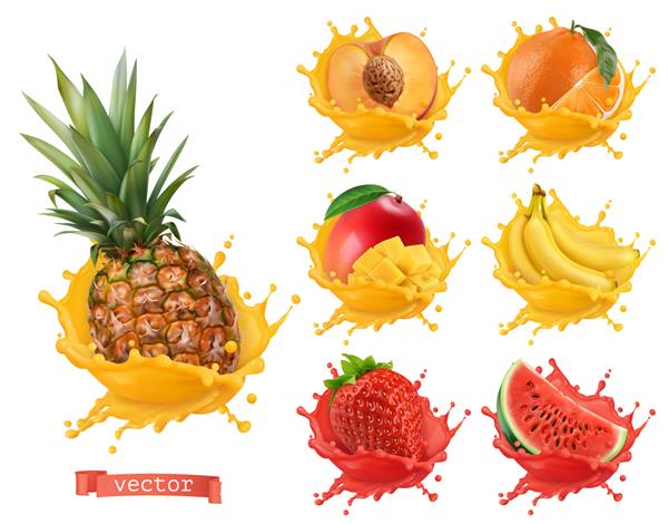 آناناس پرتقال انبه موز هلو توت فرنگی آب هندوانه میوه های تازه و چلپ چلوپ مجموعه آیکون های وکتور سه بعدی واقع گرایانه