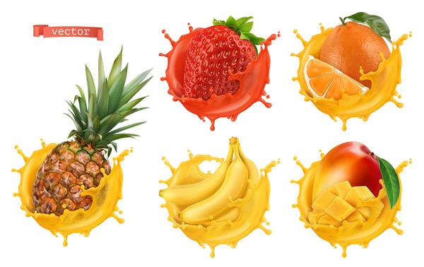 آناناس توت فرنگی پرتقال موز آب انبه میوه های تازه و چلپ چلوپ مجموعه آیکون های وکتور سه بعدی واقع گرایانه