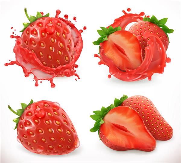 آب توت فرنگی میوه تازه نماد وکتور سه بعدی واقع گرایانه