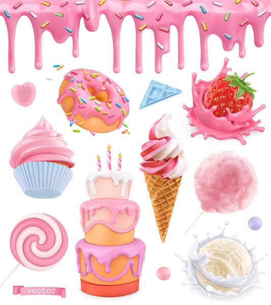 غذای شیرین کیک کاپ کیک آب نبات پنبه بستنی ماست توت فرنگی دونات الگوی بدون درز لعاب صورتی مجموعه وکتور سه بعدی واقع گرایانه