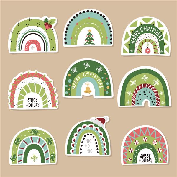 مجموعه استیکر با رنگین کمان کریسمس تصویر برداری برای کارت های تبریک دعوت نامه های کریسمس و اسکرپ بوک