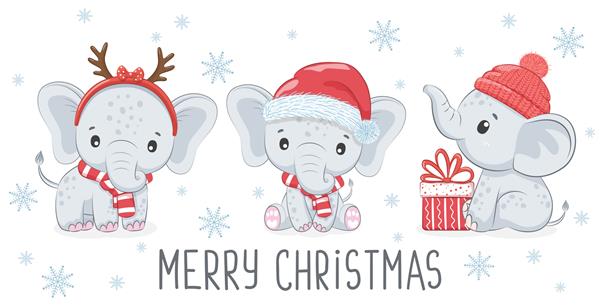 مجموعه ای از سه بچه فیل زیبا و شیرین برای سال نو و کریسمس پسر فیل تصویر برداری از یک کارتون