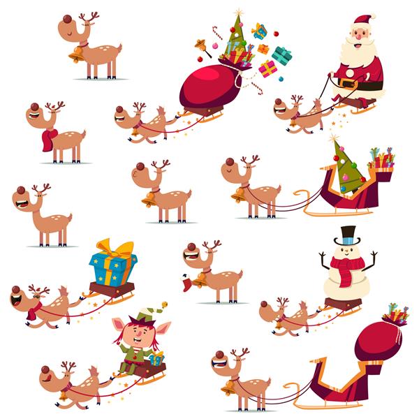 شخصیت گوزن شمالی کریسمس با احساسات مختلف سورتمه و بابا نوئل مجموعه کارتونی وکتور جدا شده در پس زمینه سفید
