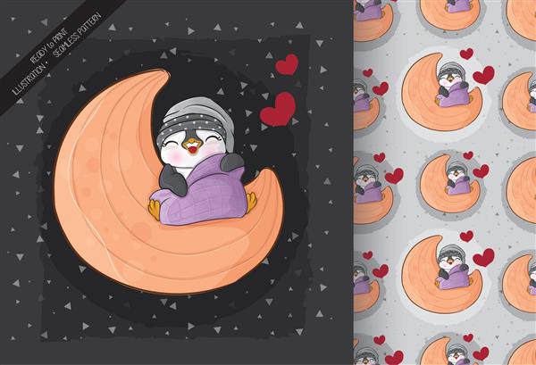 پنگوئن کوچک ناز که روی ماه می خوابد تصویر پس زمینه تصویر