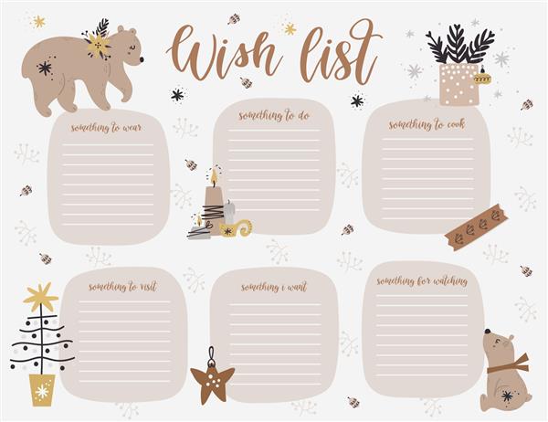 قالب صفحه برنامه ریز هفتگی کریسمس لیست آرزوها با خرس های زیبا شاخه هایی به سبک کارتونی