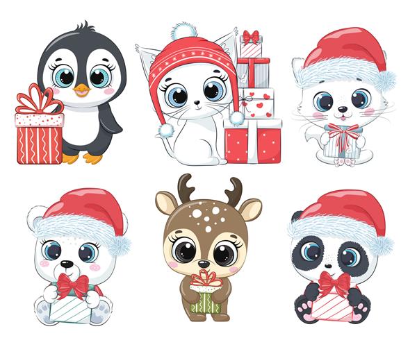 مجموعه ای از شش حیوان زیبا برای سال جدید و برای کریسمس بچه گربه پنگوئن خرس قطبی گوزن پاندا تصویر برداری از یک کارتون