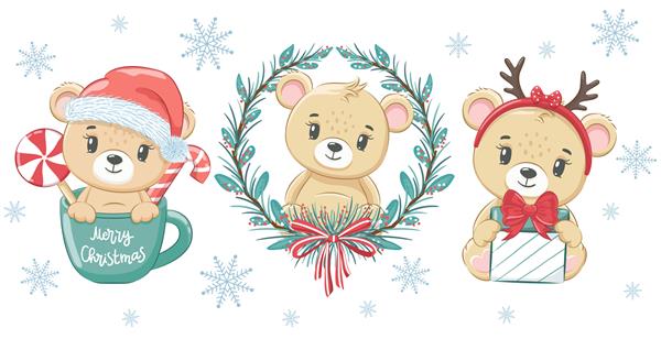مجموعه ای از سه خرس زیبا برای سال جدید و برای کریسمس تصویر برداری از یک کارتون کریسمس مبارک