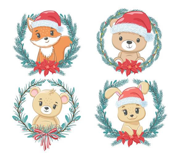 مجموعه ای از چهار حیوان زیبا برای سال جدید و برای کریسمس یک توله خرس یک توله روباه و یک خرگوش تصویر برداری از یک کارتون