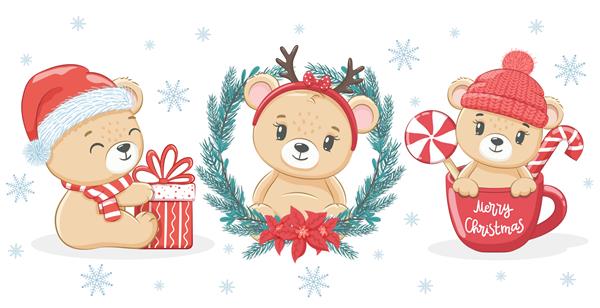 مجموعه ای از 3 خرس عروسکی زیبا برای سال نو و کریسمس تصویر برداری از یک کارتون