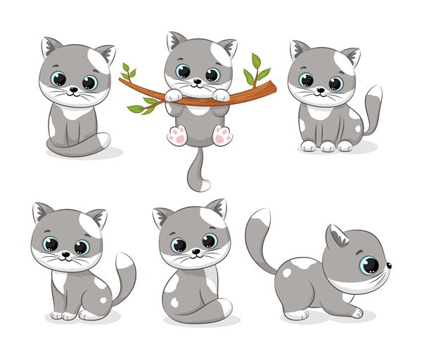 مجموعه ای از گربه های خاکستری بامزه تصویر برداری از یک کارتون