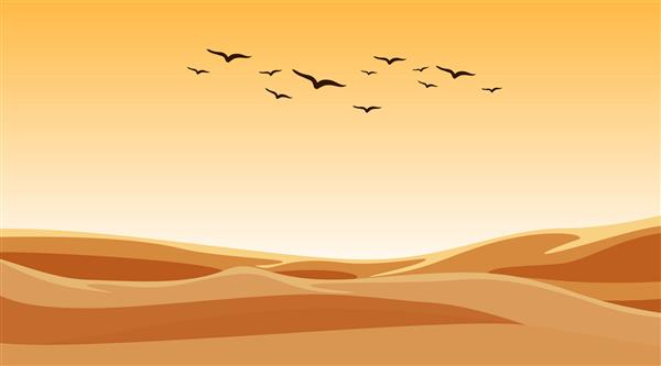 صحنه پس‌زمینه با پرواز پرندگان بر فراز میدان شنی