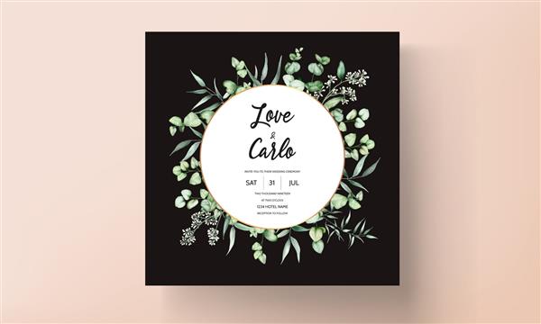 الگوی کارت دعوت عروسی با طراحی دستی زیبا با برگ های آبرنگ
