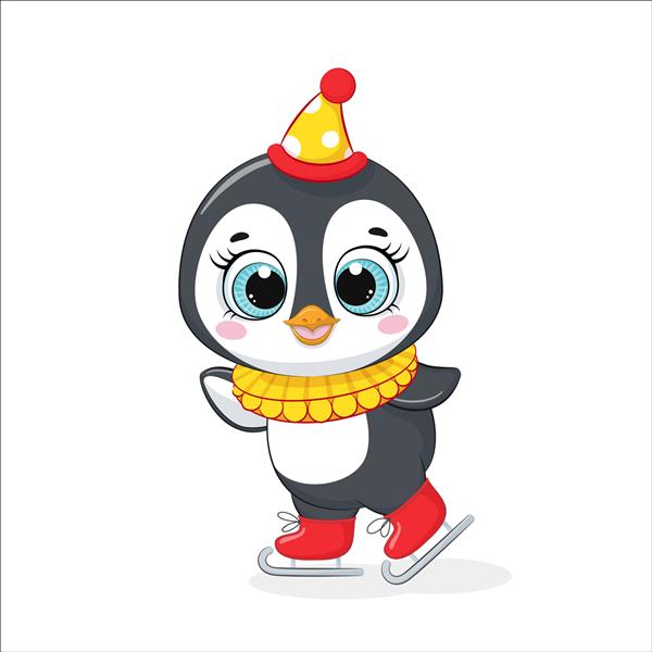 یک پنگوئن بامزه در حال اسکیت کردن در سیرک است تصویر برداری از یک کارتون