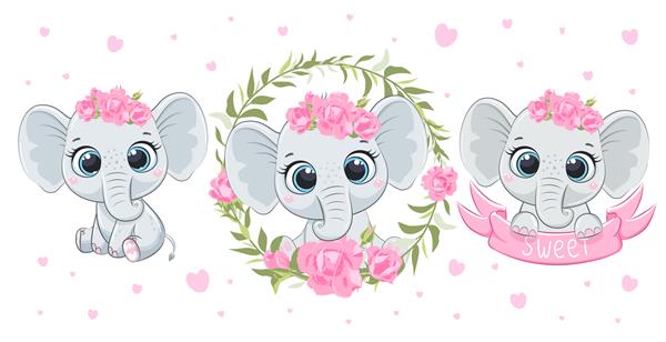 مجموعه ای از بچه فیل های بامزه و شیرین بچه فیل دختر تصویر برداری از یک کارتون