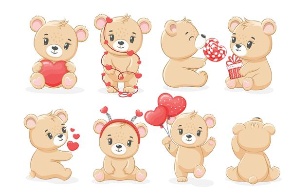 مجموعه ای از خرس های عروسکی زیبا برای تعطیلات روز ولنتاین تصویر برداری از یک کارتون