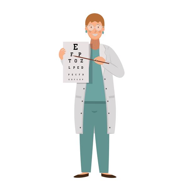 کارتون چشم پزشک با تست چشم شخصیت برای کودکان تصویر برداری مسطح