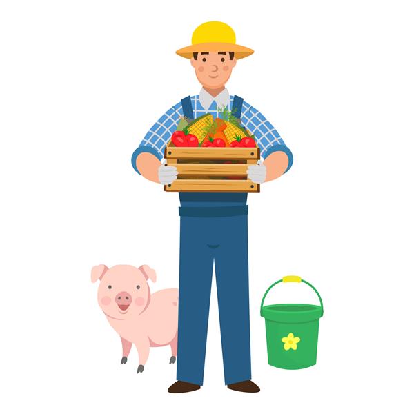 کشاورز کارتونی با کلاه با سبزیجات در سبد و خوک شخصیت برای کودکان تصویر برداری مسطح