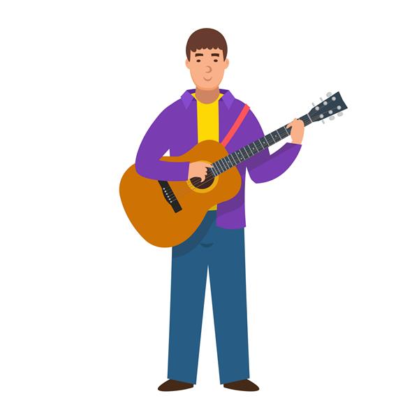 نوازنده کارتونی با گیتار شخصیت برای کودکان تصویر برداری مسطح