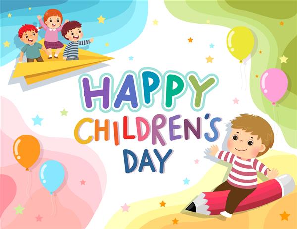 پس زمینه وکتور روز کودک مبارک با بچه های شاد در هواپیمای مدادی و کاغذی