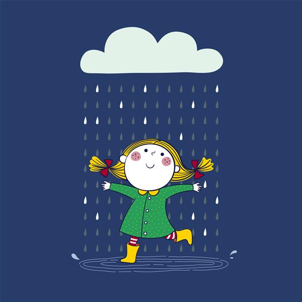 تصویر برداری از دختر کوچک با بارانی سبز در حال بازی باران در یک روز بارانی