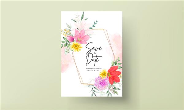 دعوتنامه عروسی گلدار با آبرنگ گل های رنگارنگ زیبا