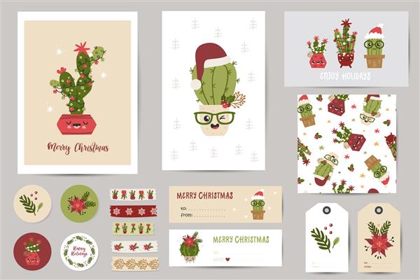 مجموعه کریسمس با کارت های کریسمس یادداشت ها برچسب ها برچسب ها تمبرها برچسب ها با کاکتوس ها
