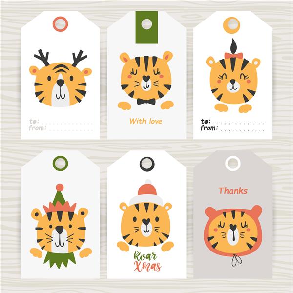 مجموعه ای از برچسب ها با ببرهای زیبا مناسب برای فروشگاه های کودک بسته بندی محصول