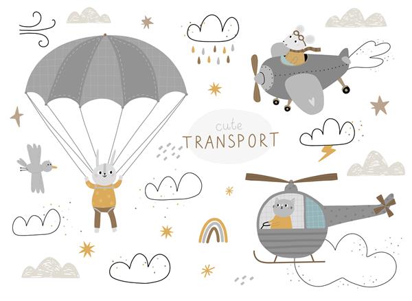 مجموعه ای با حیوانات ناز برای چتر نجات هواپیمای هلیکوپتر حمل و نقل هوایی جدا شده روی سفید