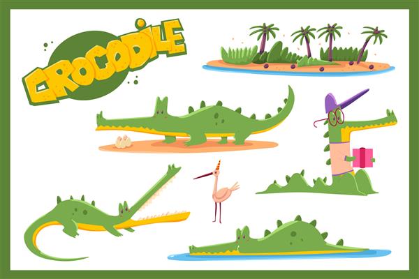 شخصیت‌های کارتونی وکتور تمساح زیبا که روی پس‌زمینه سفید جدا شده‌اند