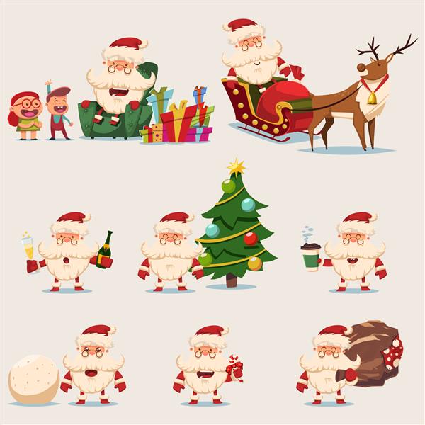 مجموعه شخصیت های کارتونی وکتور خنده دار بابا نوئل نماد کریسمس جدا شده در پس زمینه سفید