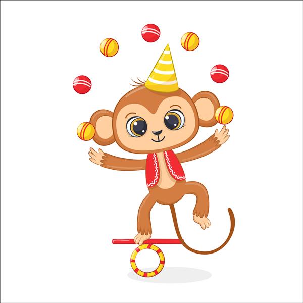 یک میمون بامزه در حال شعبده بازی در سیرک است تصویر برداری از یک کارتون