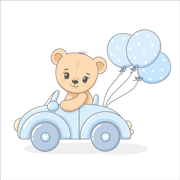 خرس عروسکی زیبا روی ماشین با بادکنک تصویر برداری از یک کارتون