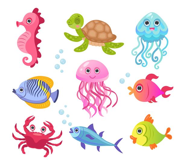 مجموعه تصاویر شخصیت های موجودات اقیانوس یا دریا حیوانات بامزه زیر آب ماهی ها خرچنگ لاک پشت چتر دریایی اسب دریایی برای بچه های جدا شده روی سفید