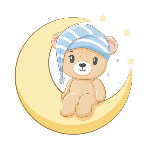 یک خرس عروسکی بامزه روی ماه نشسته است برای یک پسر تصویر برداری از یک کارتون