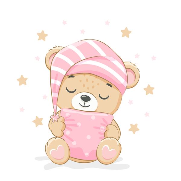 خرس عروسکی ناز شیرین خوابیده است برای یک دختر تصویر برداری از یک کارتون