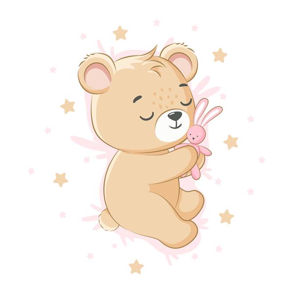 یک خرس عروسکی بامزه در حالی که یک اسباب بازی اسم حیوان دست اموز را در آغوش گرفته است خوابیده است برای یک دختر تصویر برداری از یک کارتون