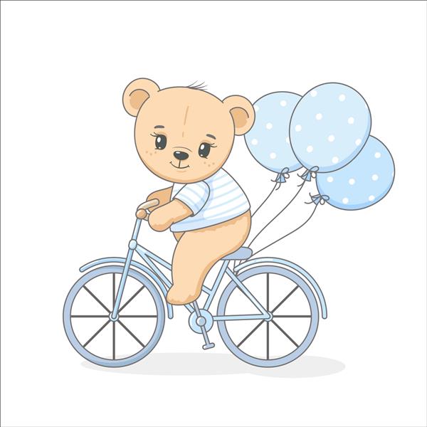 خرس عروسکی زیبا روی دوچرخه با بادکنک تصویر برداری از یک کارتون