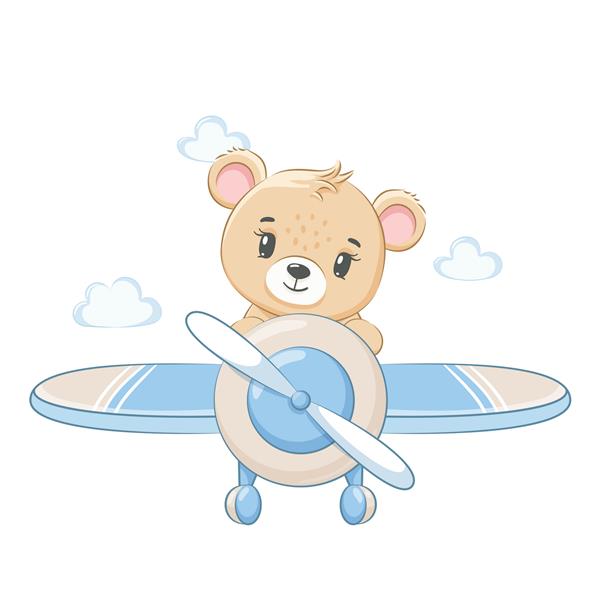یک خرس عروسکی بامزه در هواپیما در حال پرواز است تصویر برداری از یک کارتون