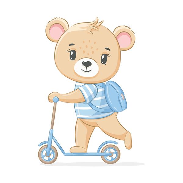 خرس عروسکی بامزه سوار اسکوتر می شود تصویر برداری از یک کارتون